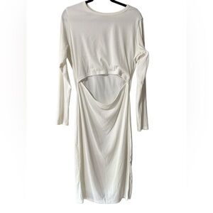PrettyGarden Ribbed White Long Sleeve Midi Dress with Front Cutout.